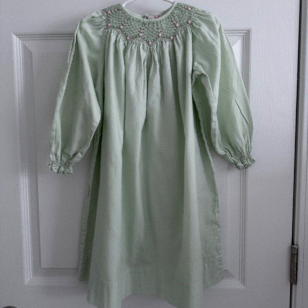 Orient Express Smocked Dress Kids 4 Mint Green Cotton Vintage Style Floral LS